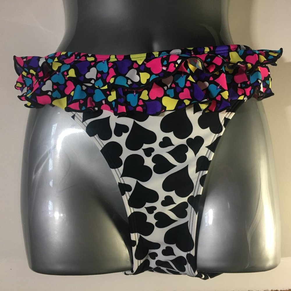 Op Swim Bikini Bottom XL 15-17 Black White Pink Heart Neon Colorful Ruffle